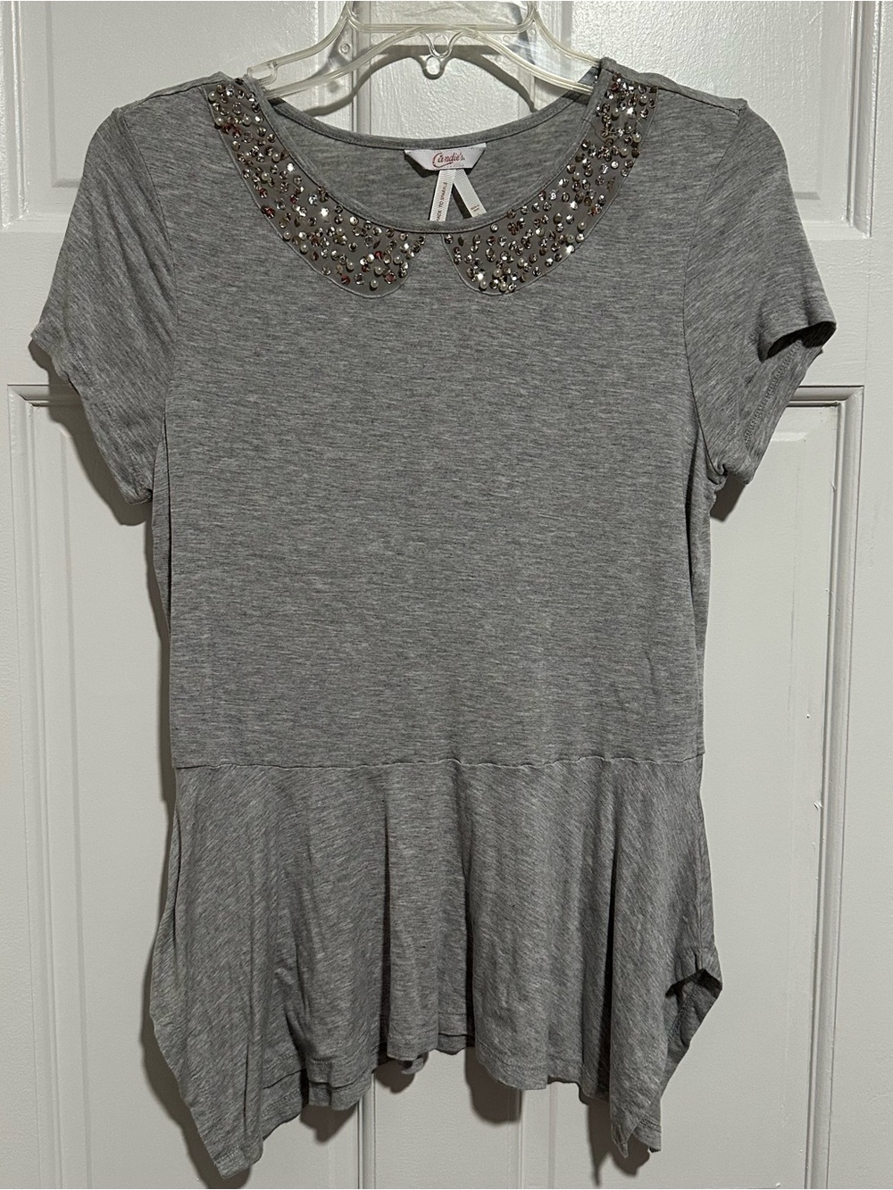 Candie's Gray Short-Sleeve Peplum Top with Jeweled Collar